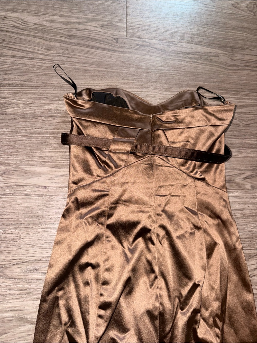 bebe Strapless Satin cocktail Mini Dress in Brown with Belt - Picture 7 of 8